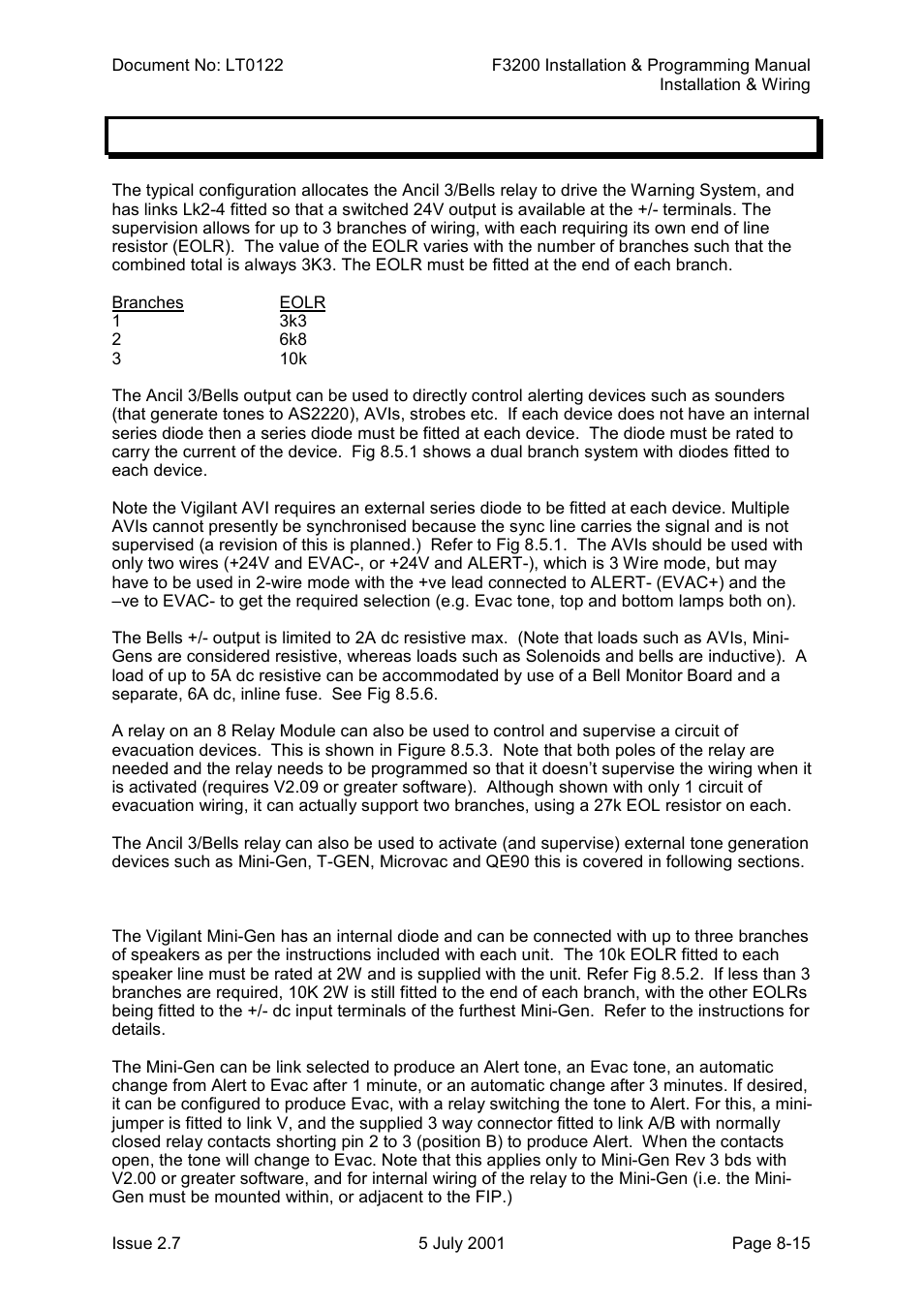 Warning system wiring, Warning system wiring -15, 5 warning system wiring | Tyco F3200 User Manual | Page 153 / 284