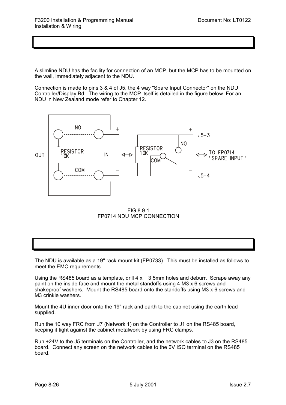 Slimline ndu (fp0714) wiring, Installation of 19" ndu (fp0733), Slimline ndu (fp0714) wiring -26 | Installation of 19" ndu (fp0733) -26 | Tyco F3200 User Manual | Page 164 / 284