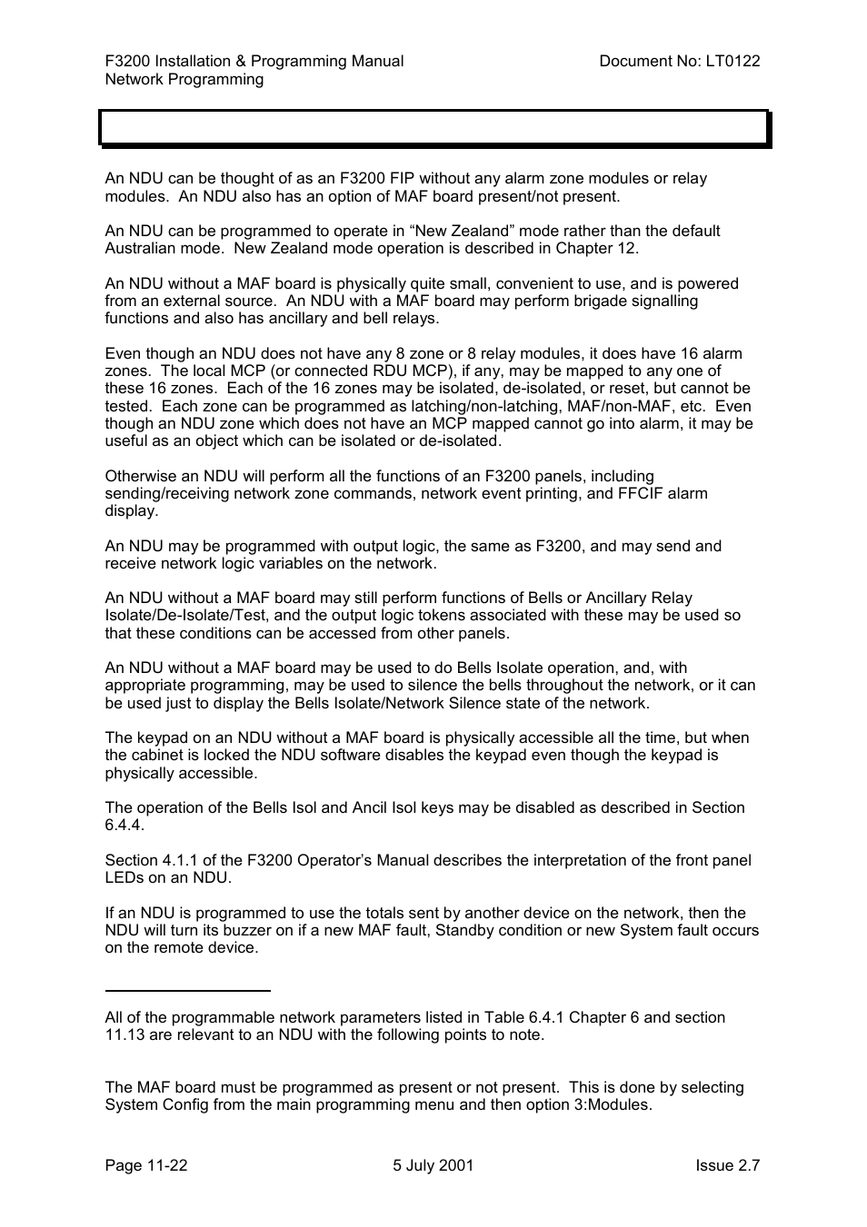 Ndu operation, Ndu operation -22, 11 ndu operation | Tyco F3200 User Manual | Page 232 / 284