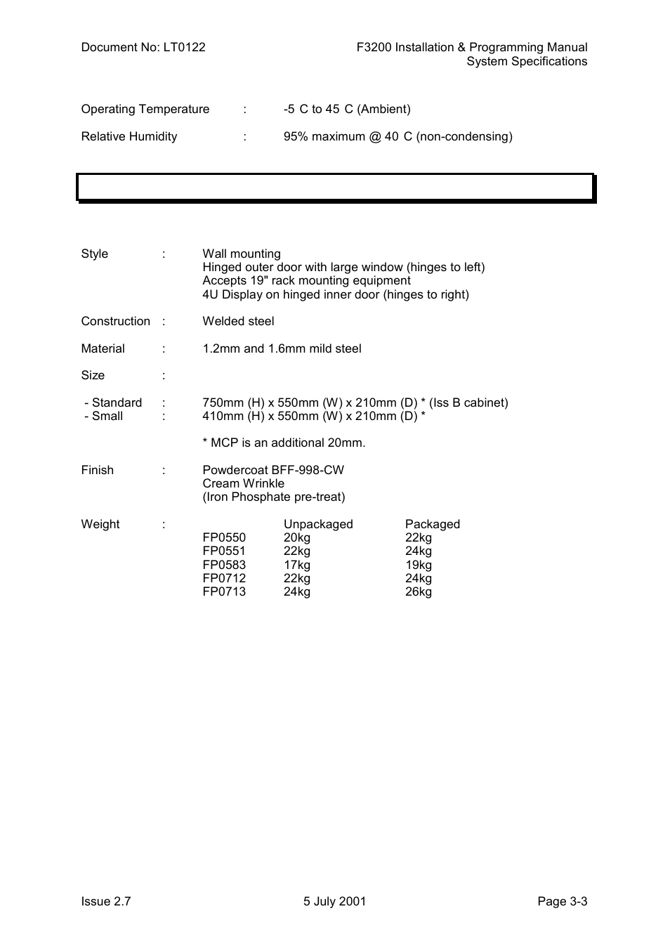 Environmental, Mechanical specifications, Mechanical specifications -3 | 2 mechanical specifications | Tyco F3200 User Manual | Page 31 / 284