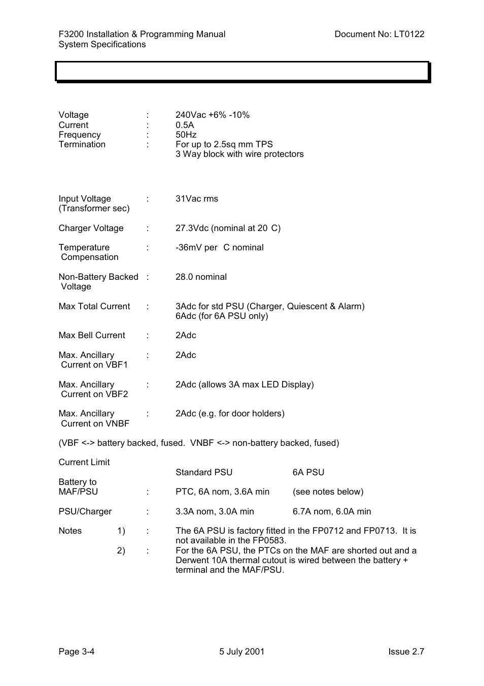 Electrical specifications, Mains supply, Battery charger & psu | Electrical specifications -4, 3 electrical specifications | Tyco F3200 User Manual | Page 32 / 284