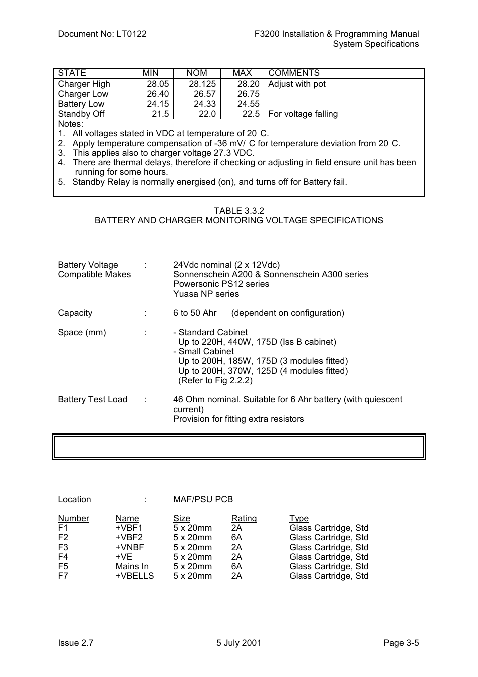 Battery, Fuses | Tyco F3200 User Manual | Page 33 / 284