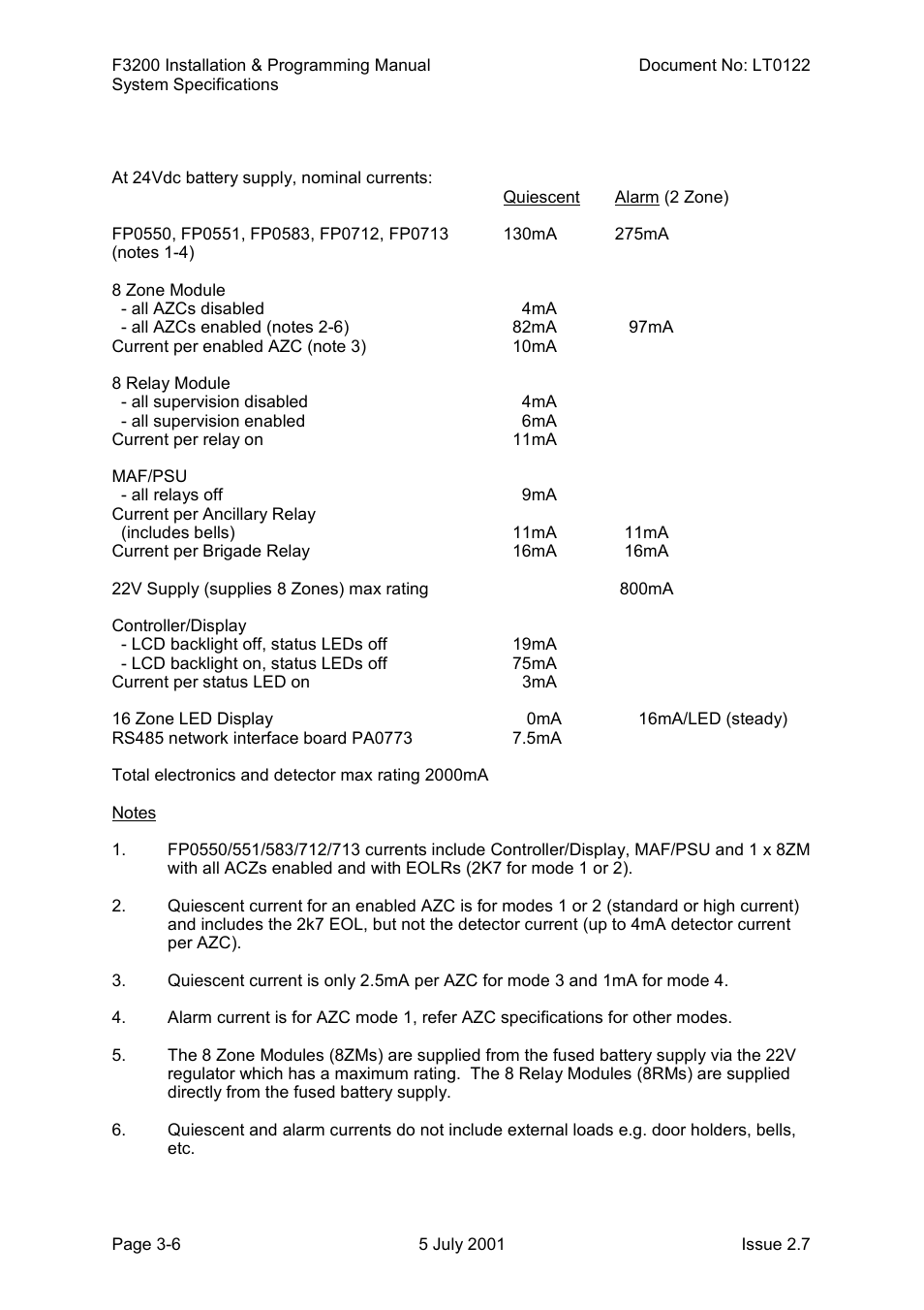 Current consumption, F3200 quiescent & alarm currents | Tyco F3200 User Manual | Page 34 / 284