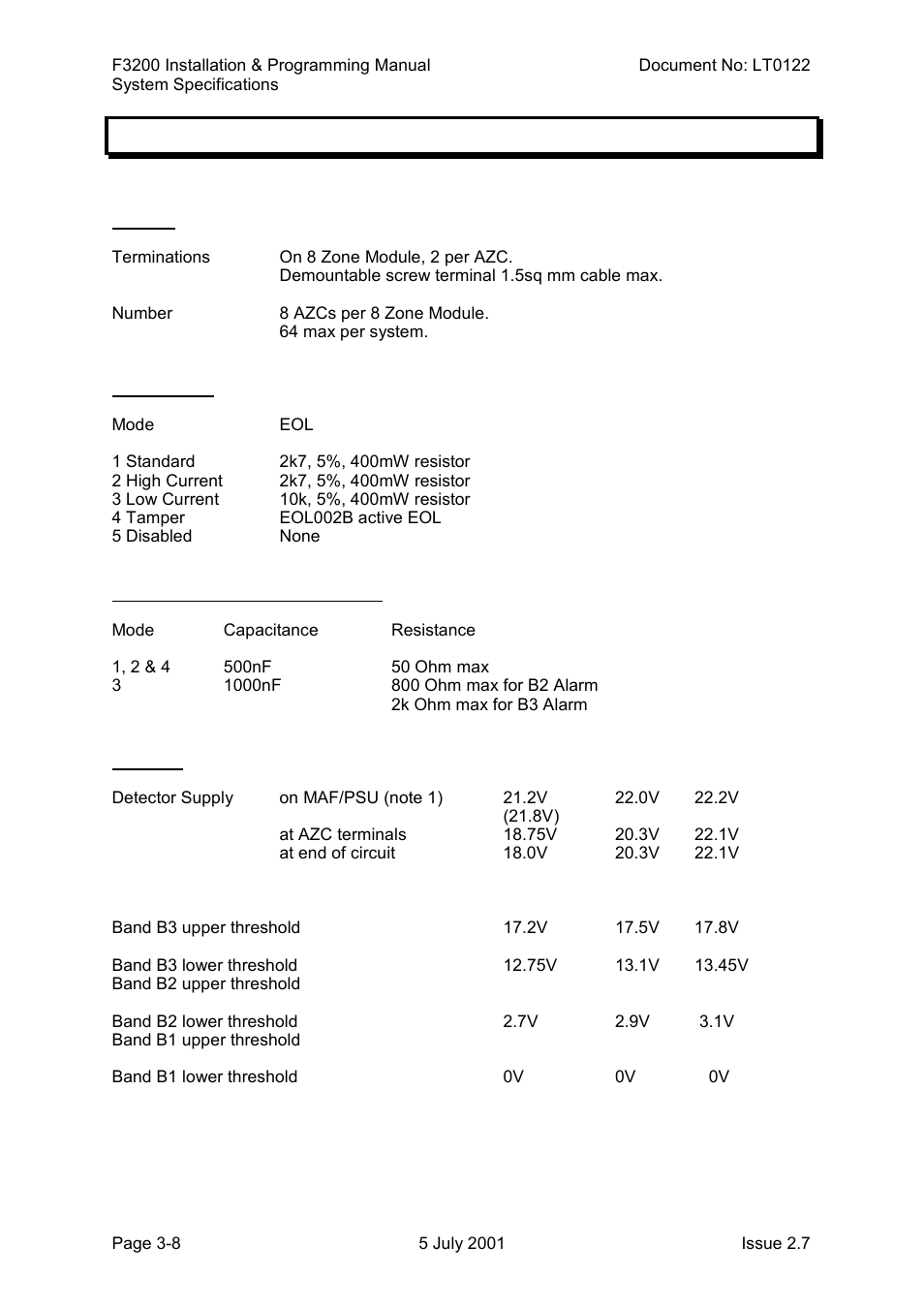 Input specifications, Azc specifications, Input specifications -8 | 4 input specifications | Tyco F3200 User Manual | Page 36 / 284