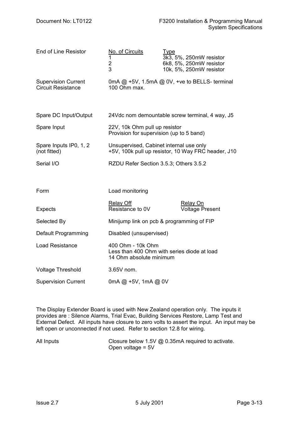 Controller/display inputs, 8 relay module supervision, Nz mode display extender board inputs | Tyco F3200 User Manual | Page 41 / 284