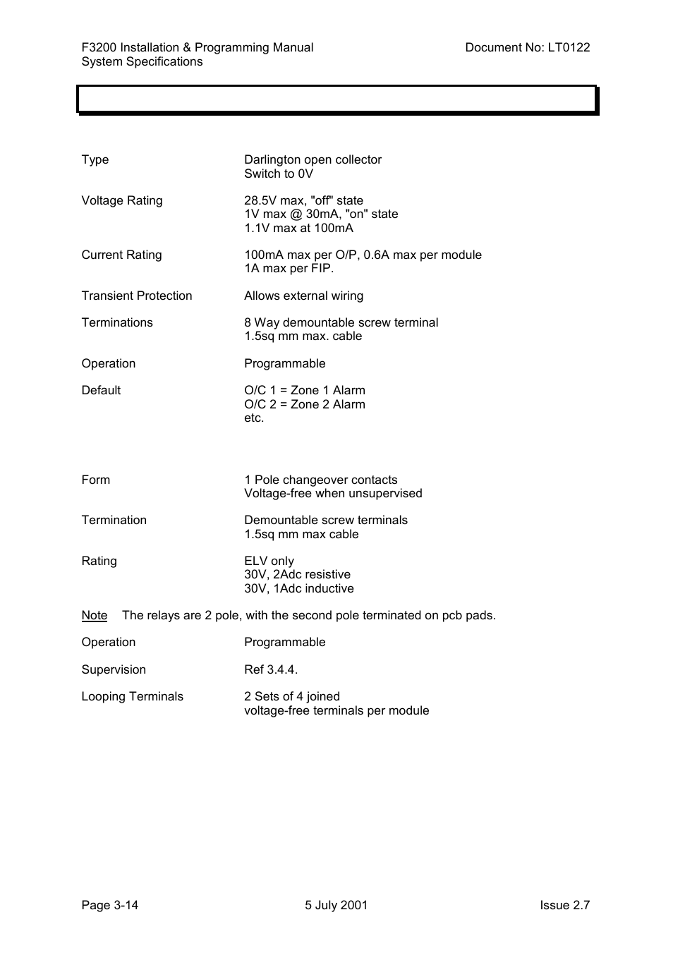 Output specifications, 8 zone module outputs, 8 relay module outputs | Output specifications -14, 5 output specifications | Tyco F3200 User Manual | Page 42 / 284