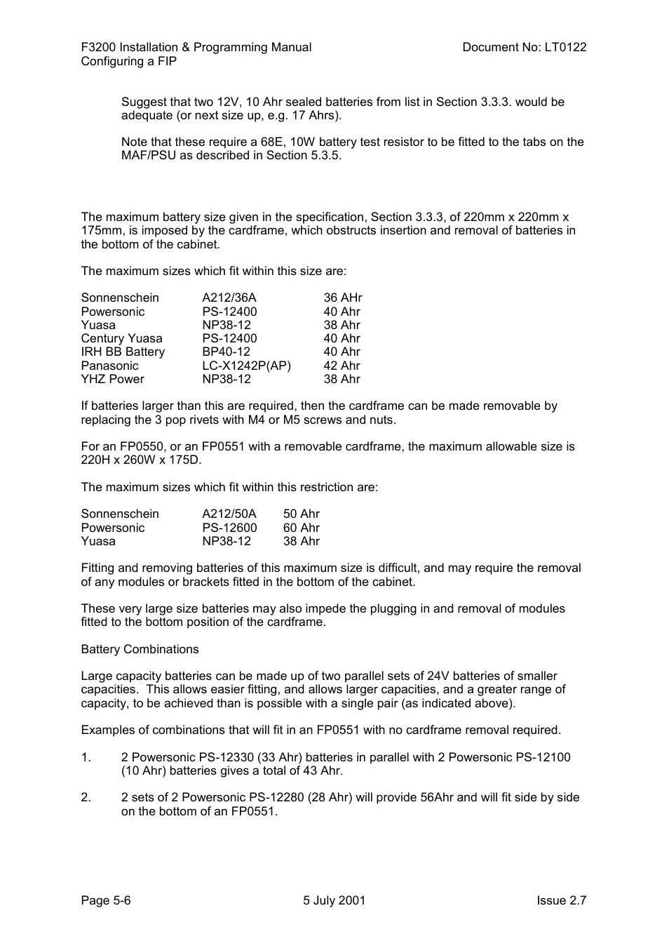 Battery size | Tyco F3200 User Manual | Page 60 / 284