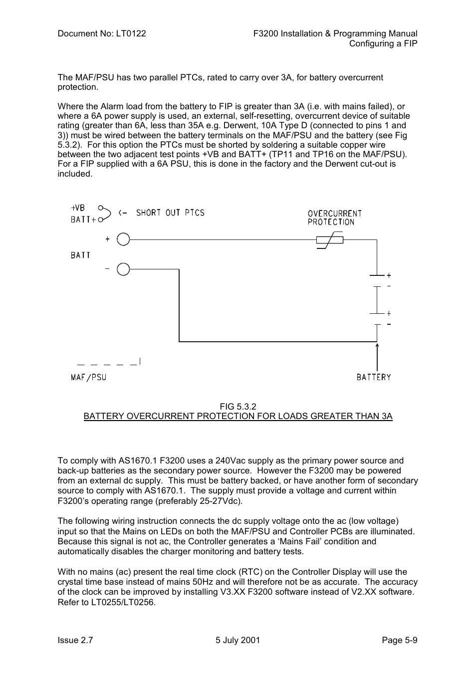 Battery overcurrent protection, Powering an f3200 from an external dc supply | Tyco F3200 User Manual | Page 63 / 284