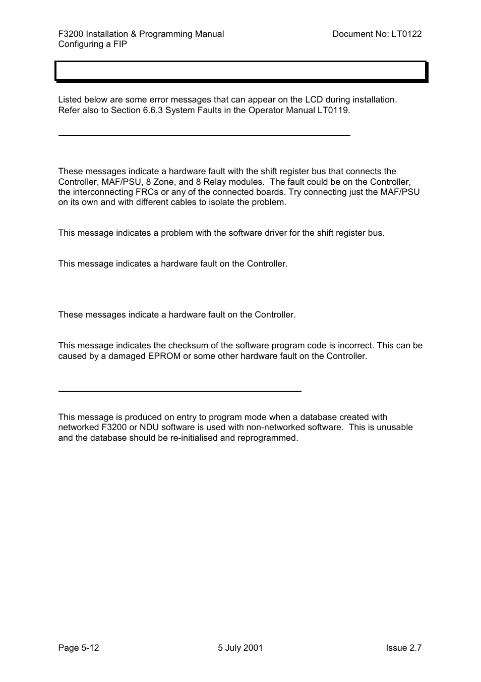 Error messages during fip configuration, Error messages during fip configuration -12, 5 error messages during fip configuration | Tyco F3200 User Manual | Page 66 / 284