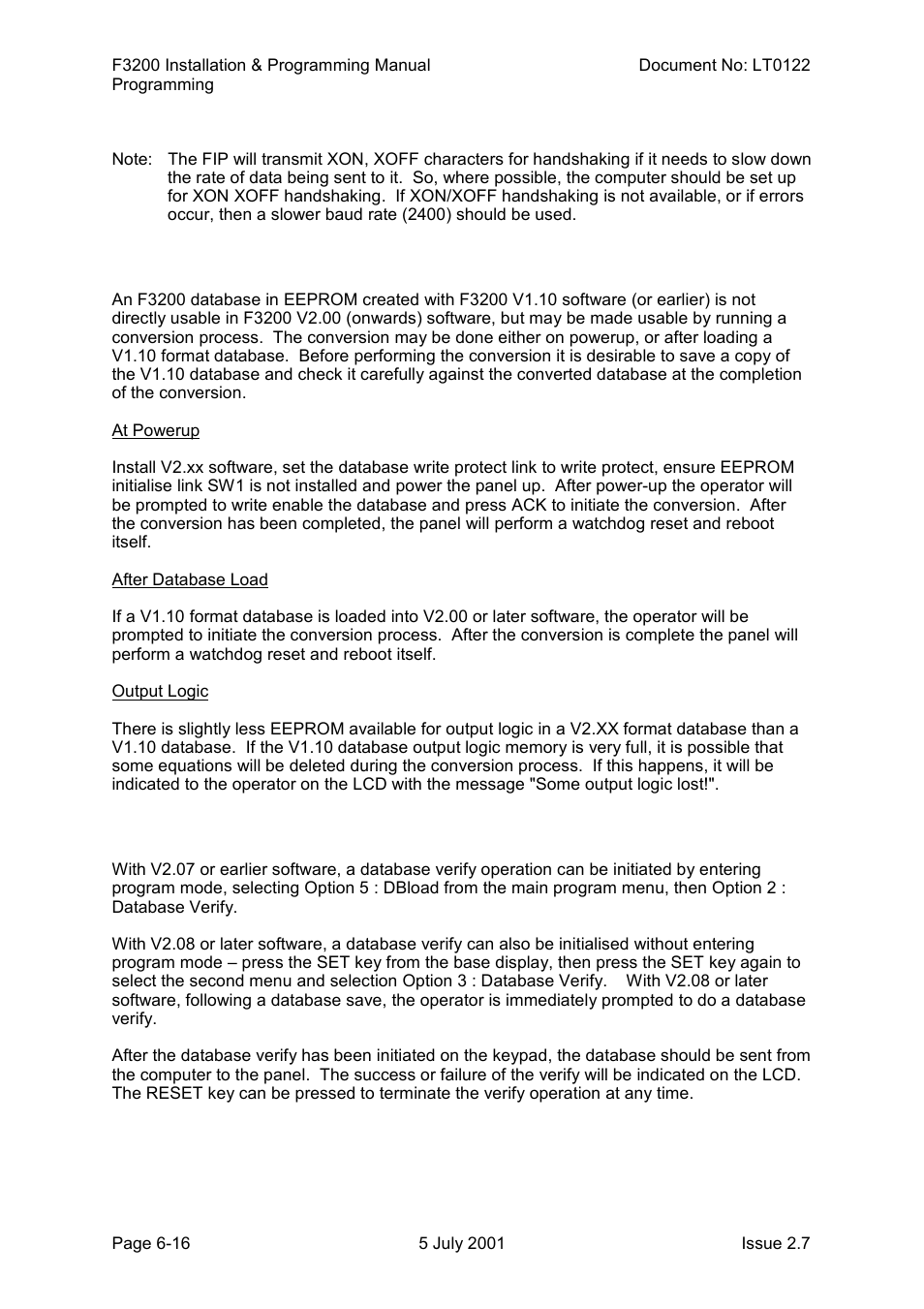 Database conversion, Verifying a saved database | Tyco F3200 User Manual | Page 82 / 284