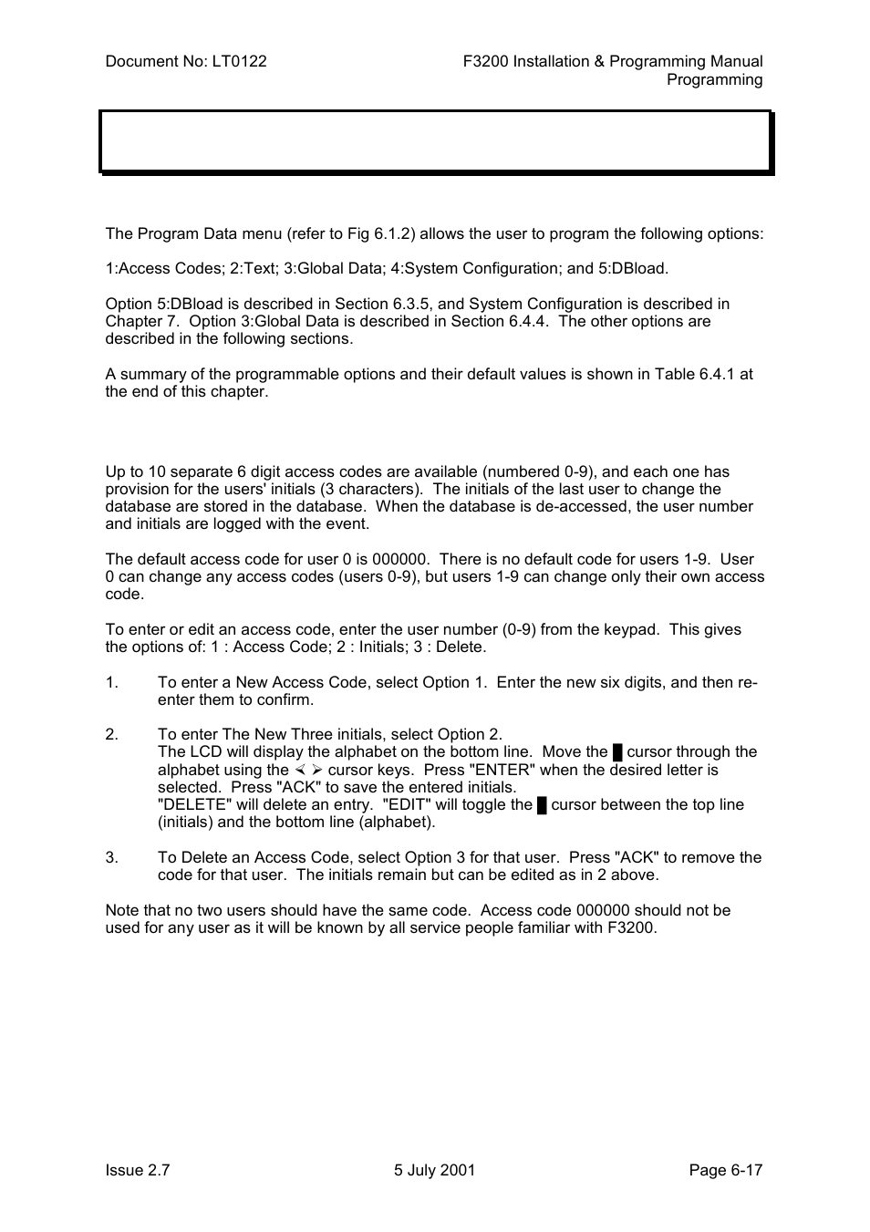 Program data menu, text & global parameters, General, Access codes | Program data menu, text & global parameters -17, 4 program data menu, text & global parameters | Tyco F3200 User Manual | Page 83 / 284