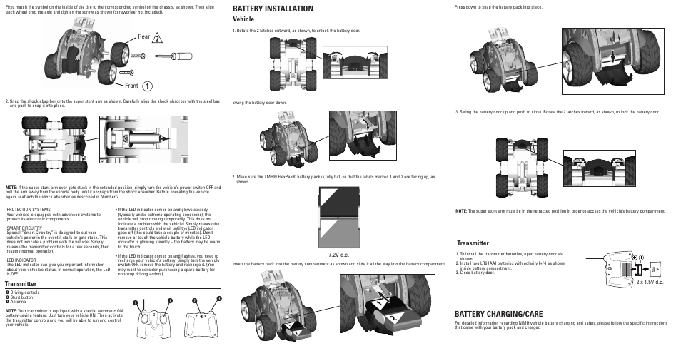 Battery installation, Battery charging/care, Transmitter | Vehicle transmitter, Qe w | Tyco ROLLCAGE B5115-0920 User Manual | Page 2 / 2