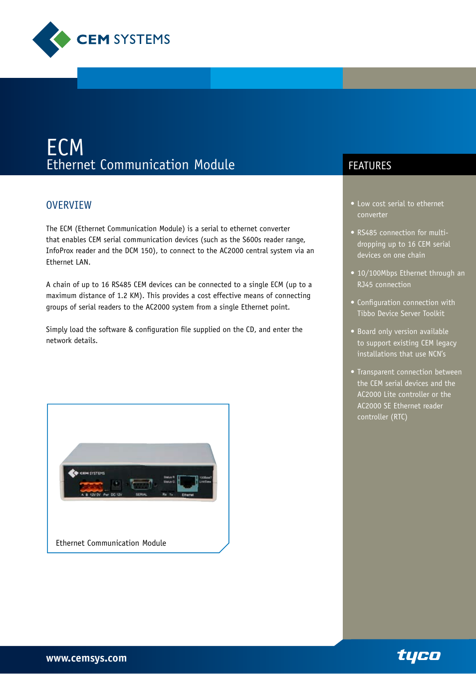 Tyco Ethernet Communication Module ECM User Manual | 2 pages