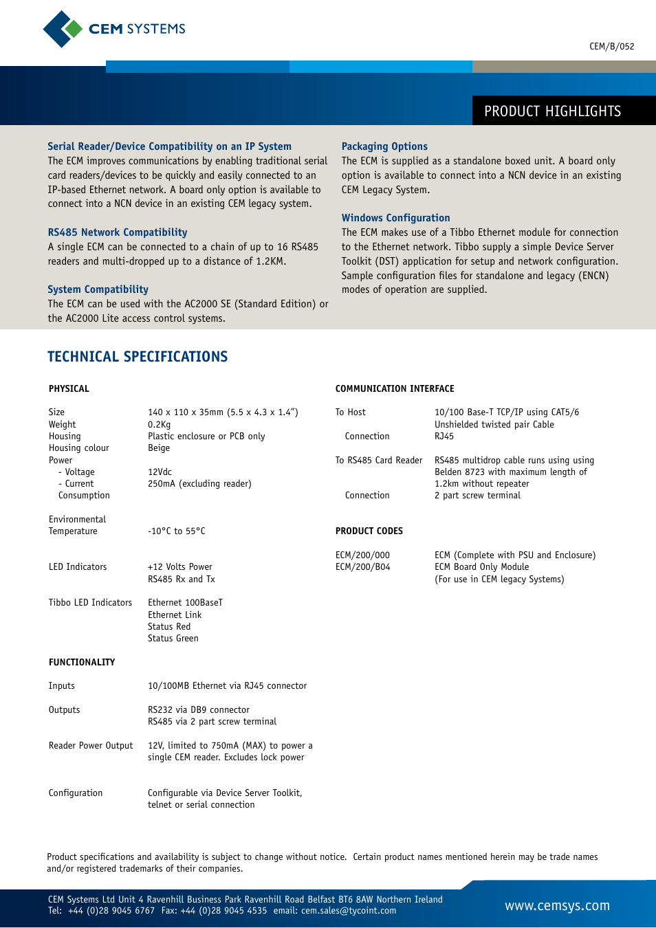 Technical specifications | Tyco Ethernet Communication Module ECM User Manual | Page 2 / 2