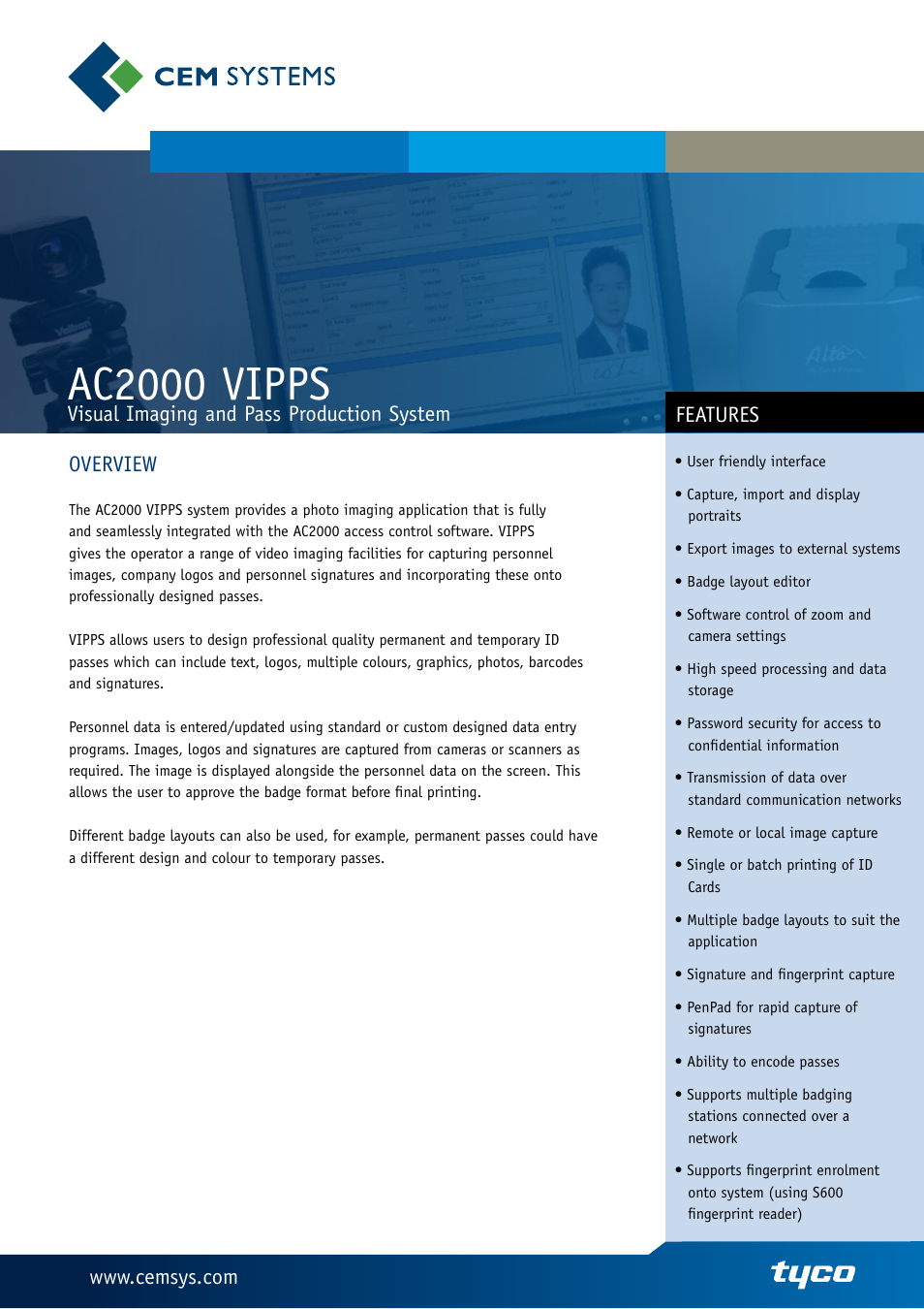 Tyco Visual Imaging and Pass Production System AC2000 VIPPS User Manual | 2 pages