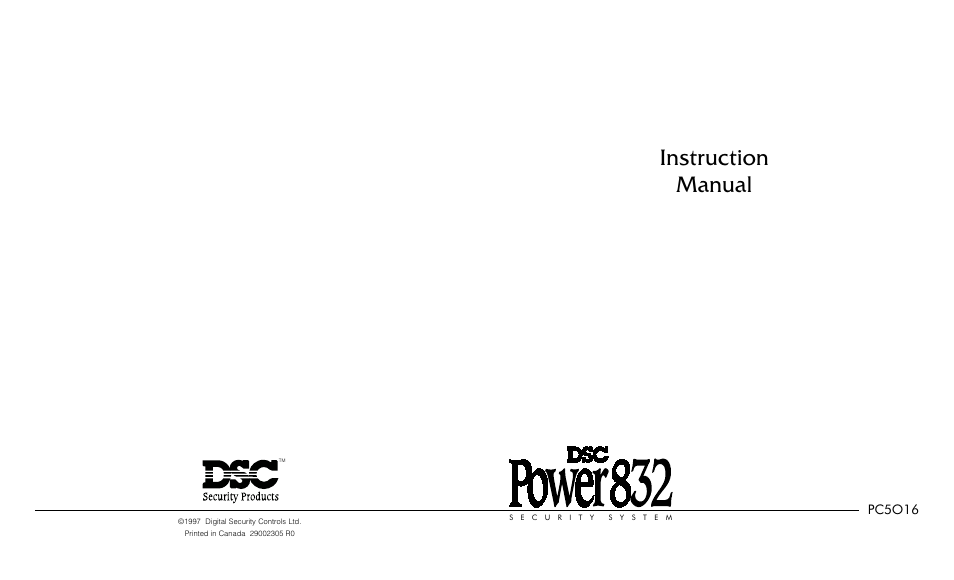 Instruction manual, Pc5o16 | Tyco Power832 Security System PC5016 User Manual | Page 10 / 10