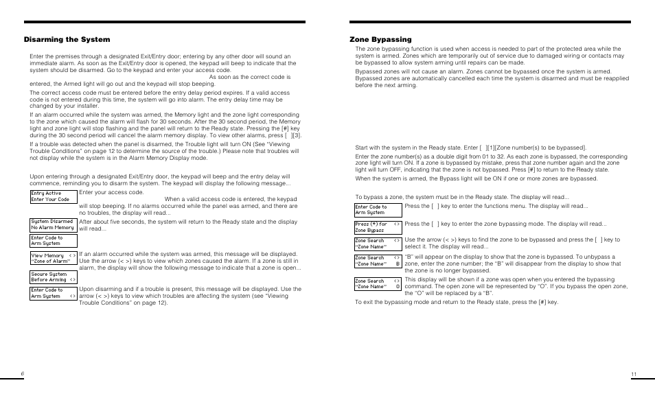 Disarming the system, Zone bypassing | Tyco Power832 Security System PC5016 User Manual | Page 6 / 10
