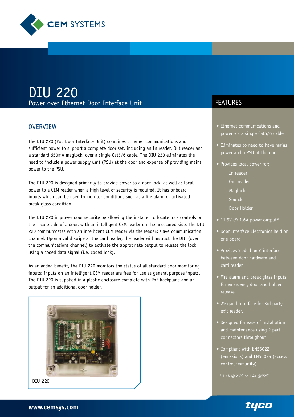 Tyco CEM Systems DIU 220 User Manual | 2 pages