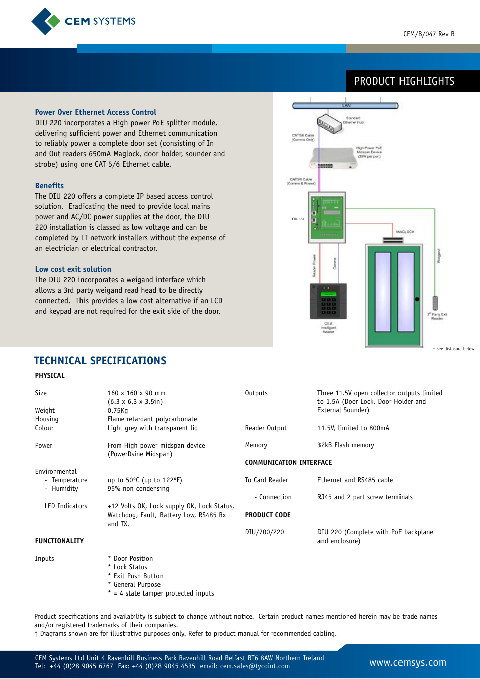 Technical specifications | Tyco CEM Systems DIU 220 User Manual | Page 2 / 2