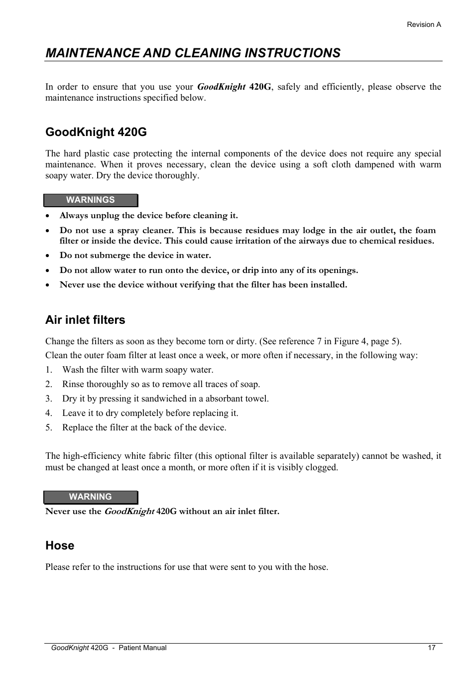 Maintenance and cleaning instructions, Goodknight 420g, Air inlet filters | Hose | Tyco GoodKnight 420G User Manual | Page 23 / 30