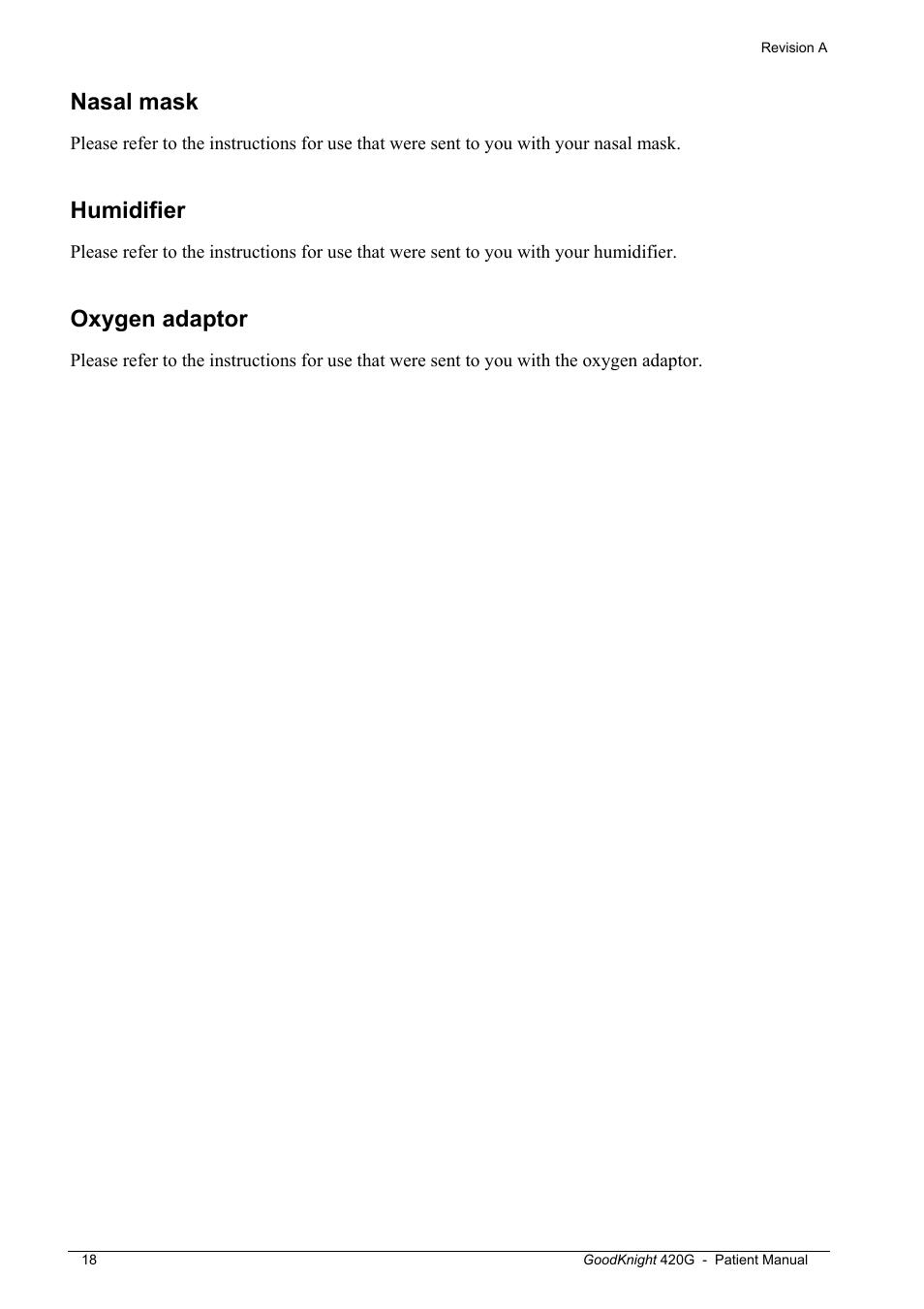 Nasal mask, Humidifier, Oxygen adaptor | Tyco GoodKnight 420G User Manual | Page 24 / 30