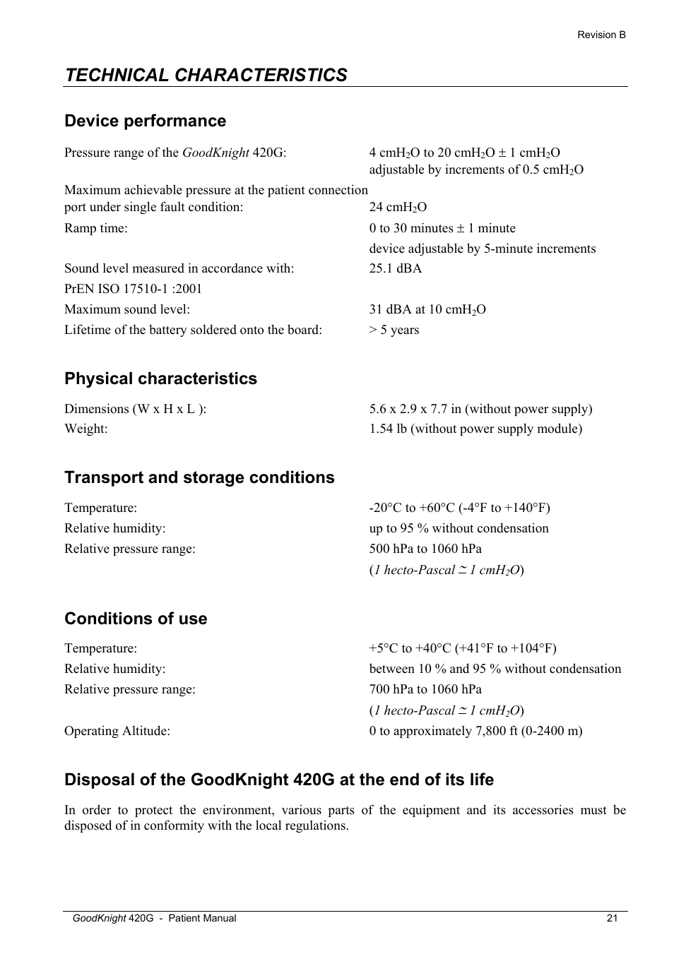 Technical characteristics, Device performance, Physical characteristics | Transport and storage conditions, Conditions of use | Tyco GoodKnight 420G User Manual | Page 27 / 30