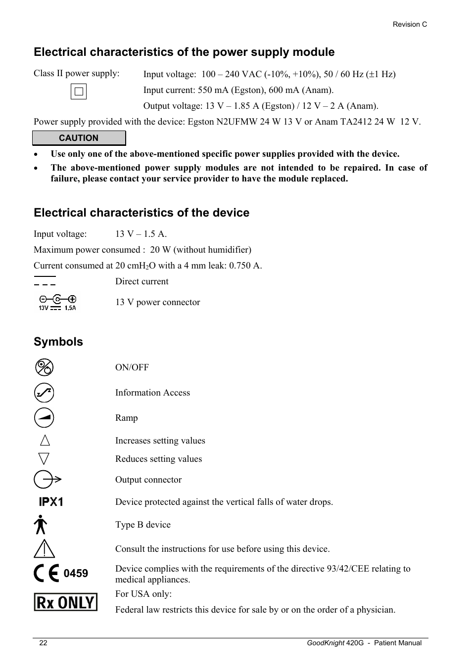 Electrical characteristics of the device, Symbols | Tyco GoodKnight 420G User Manual | Page 28 / 30