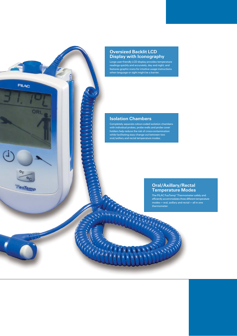 Isolation chambers, Oversized backlit lcd display with iconography, Oral/axillary/rectal temperature modes | Tyco FILAC User Manual | Page 3 / 6
