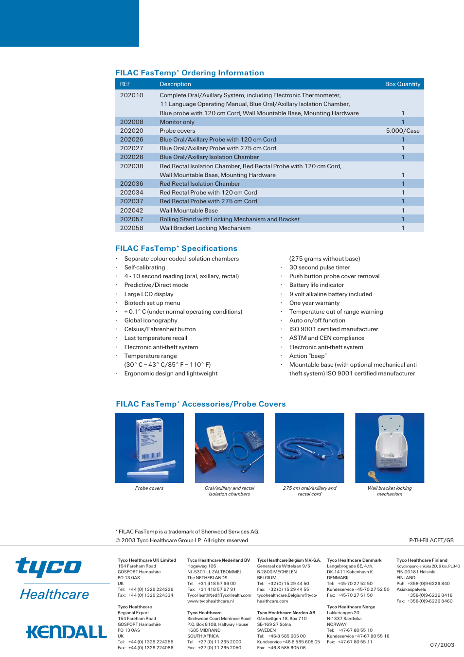 Filac fastemp * specifications | Tyco FILAC User Manual | Page 6 / 6