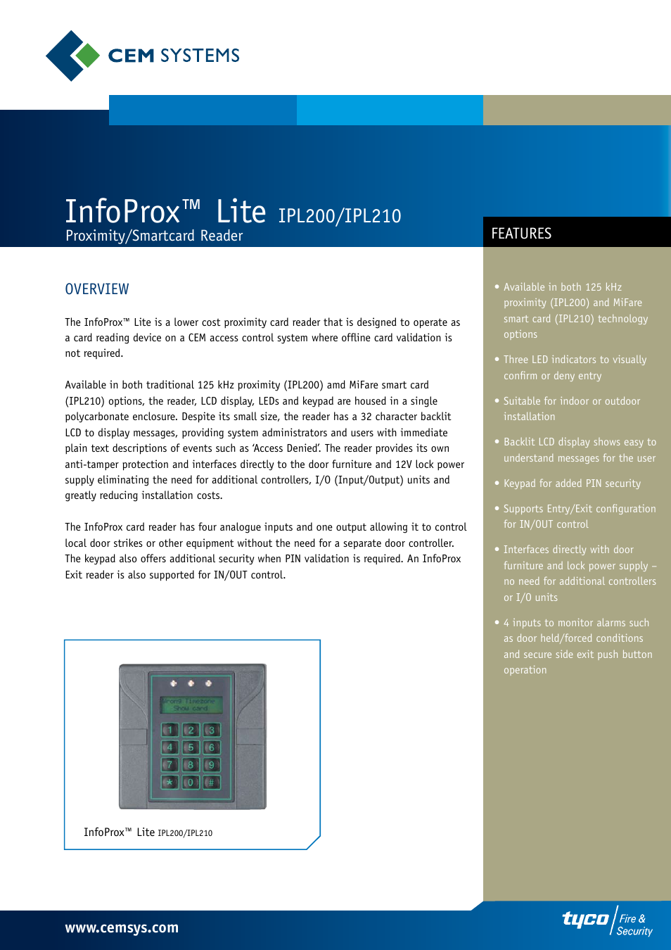 Tyco InfoProx Lite IPL200 User Manual | 2 pages