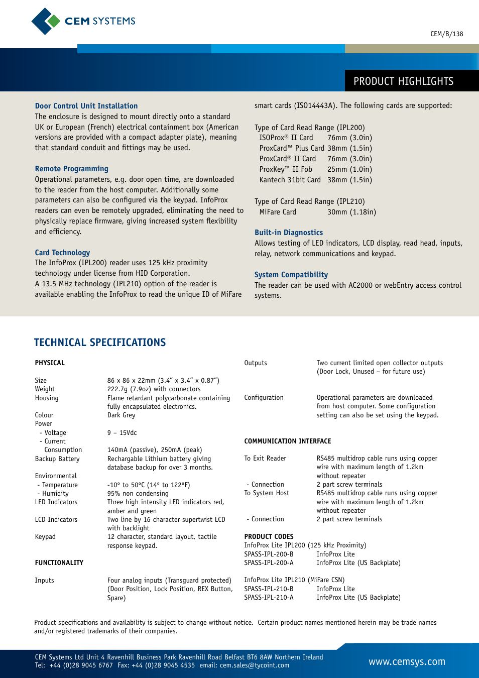 Product highlights, Technical specifications | Tyco InfoProx Lite IPL200 User Manual | Page 2 / 2