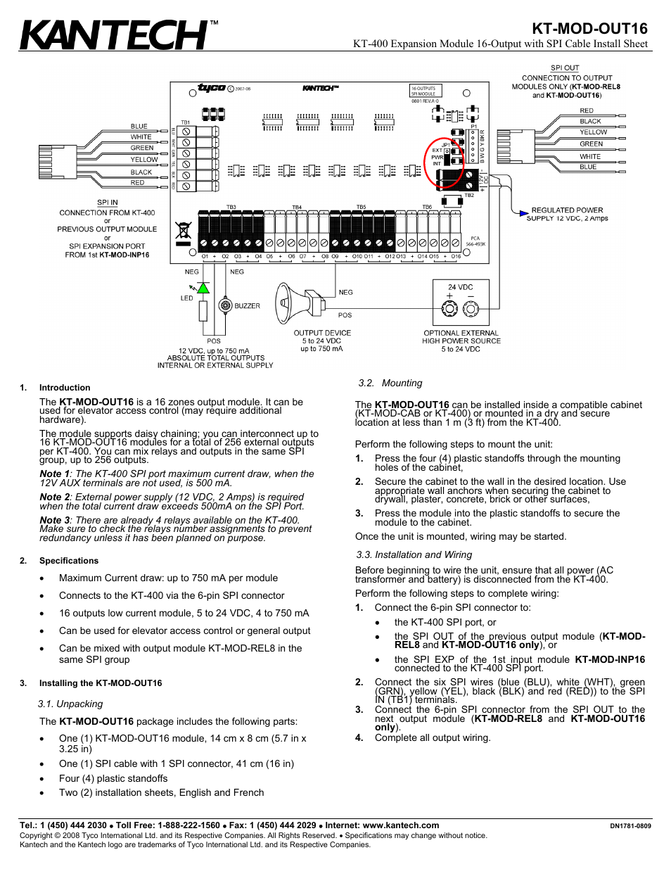 Tyco KT-400 Expansion Module KT-MOD-OUT16 User Manual | 2 pages