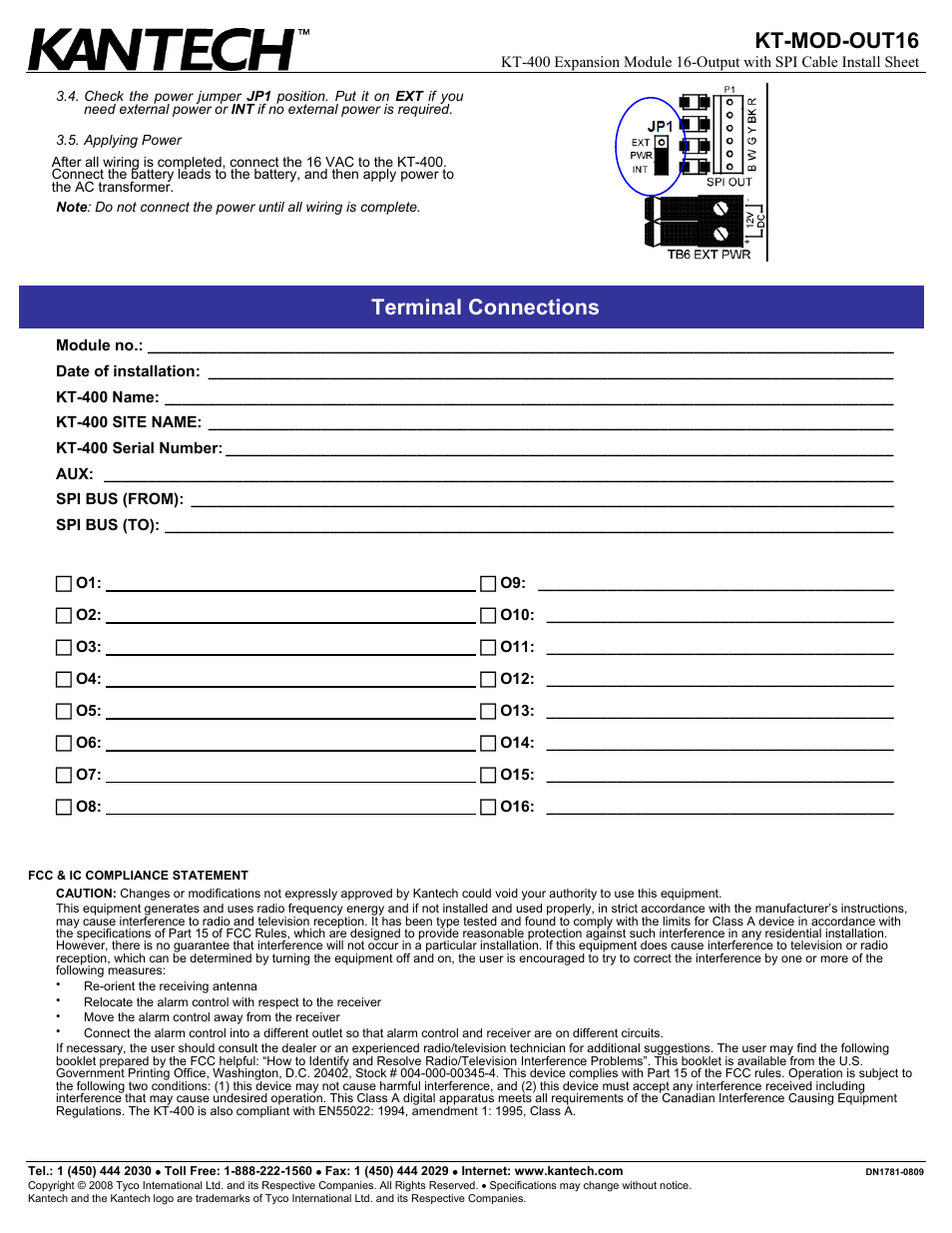 Kt-mod-out16, Terminal connections | Tyco KT-400 Expansion Module KT-MOD-OUT16 User Manual | Page 2 / 2