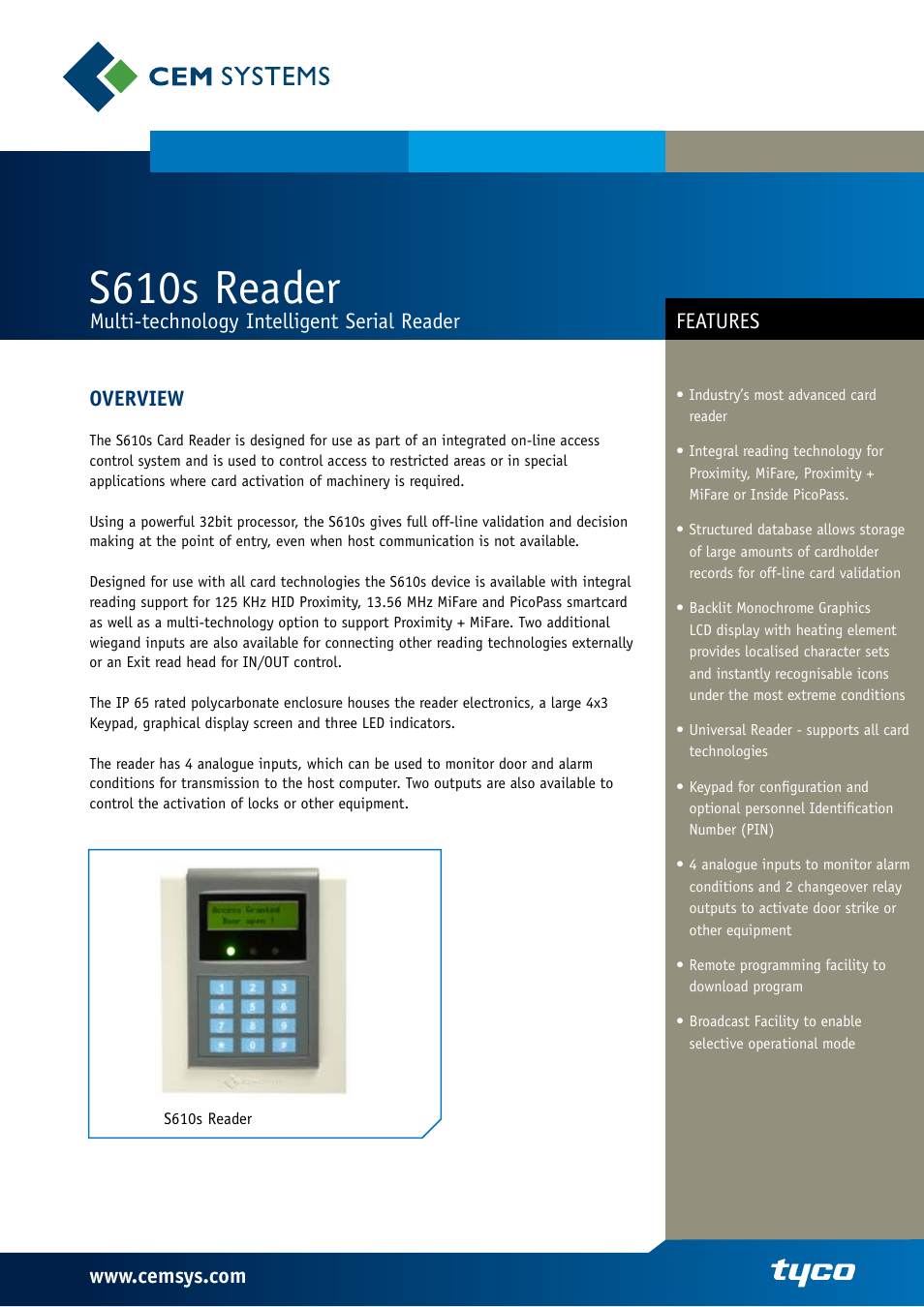 Tyco Card Reader S610s User Manual | 2 pages
