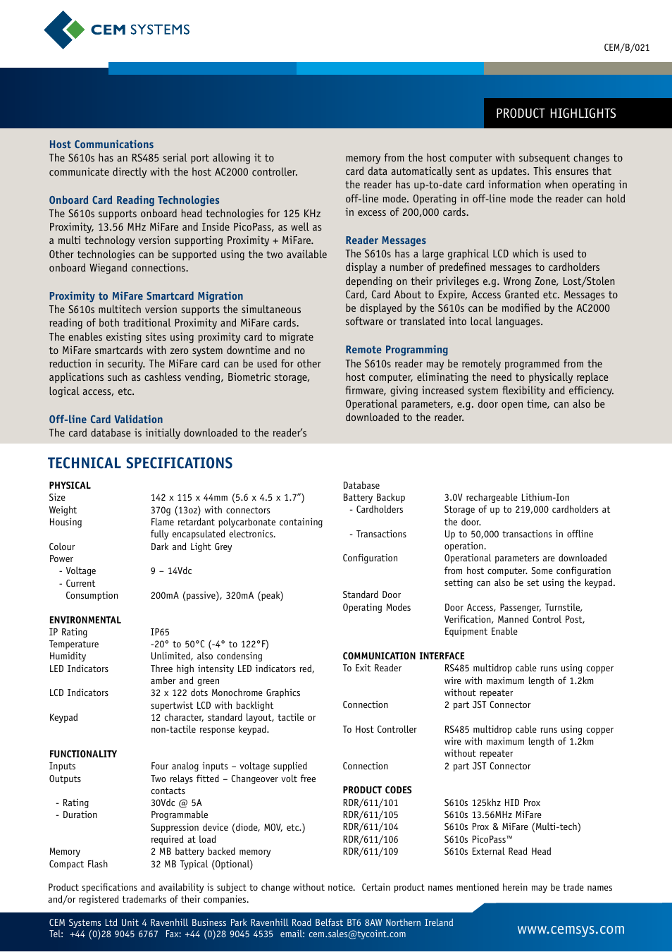 Technical specifications, Product highlights | Tyco Card Reader S610s User Manual | Page 2 / 2