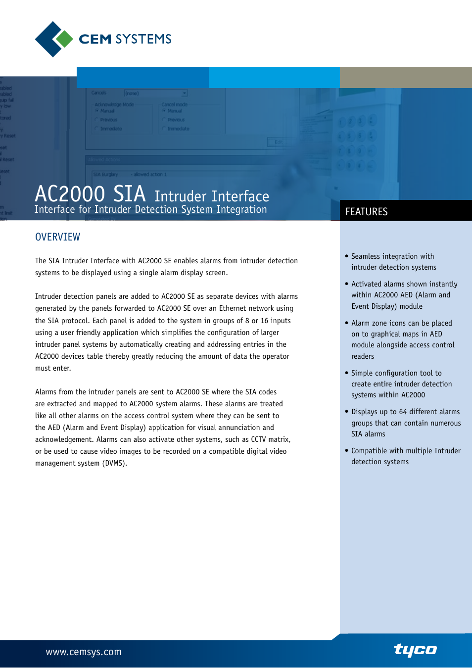 Tyco Intruder Interface AC2000 SIA User Manual | 2 pages