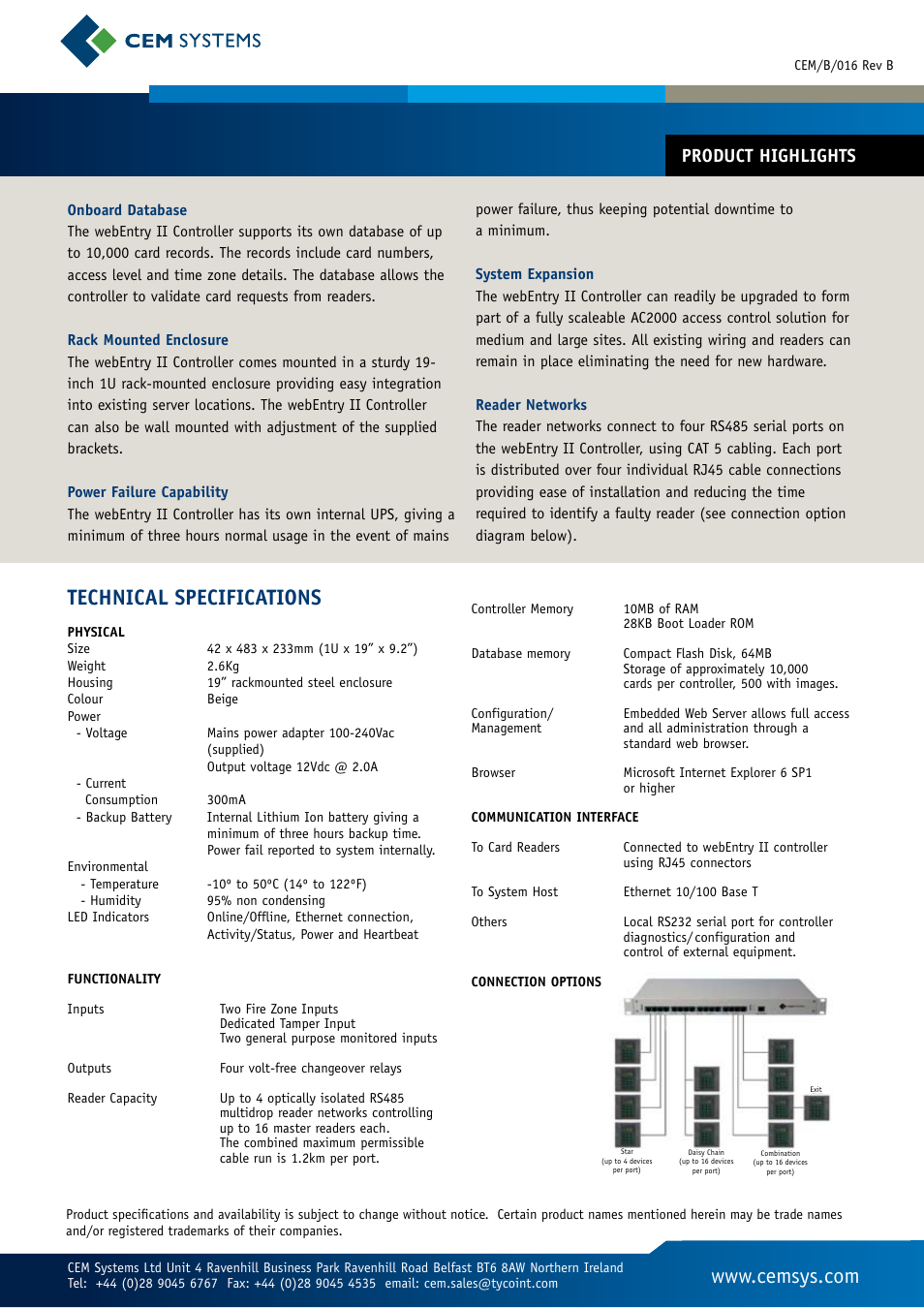 Technical specifications, Product highlights | Tyco Controller webEntry II User Manual | Page 2 / 2