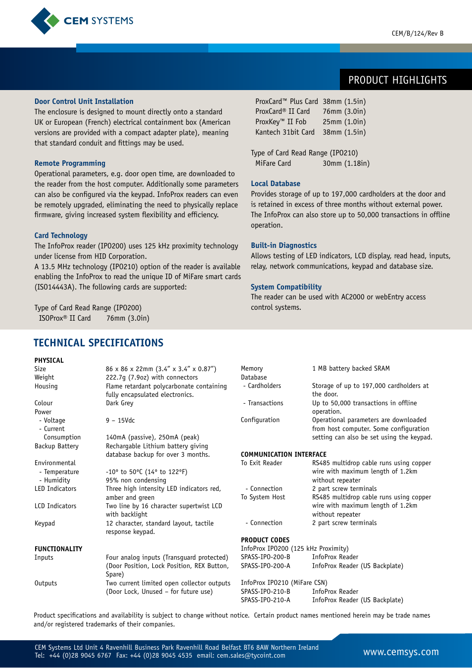 Product highlights, Technical specifications | Tyco InfoProx IPO200 User Manual | Page 2 / 2