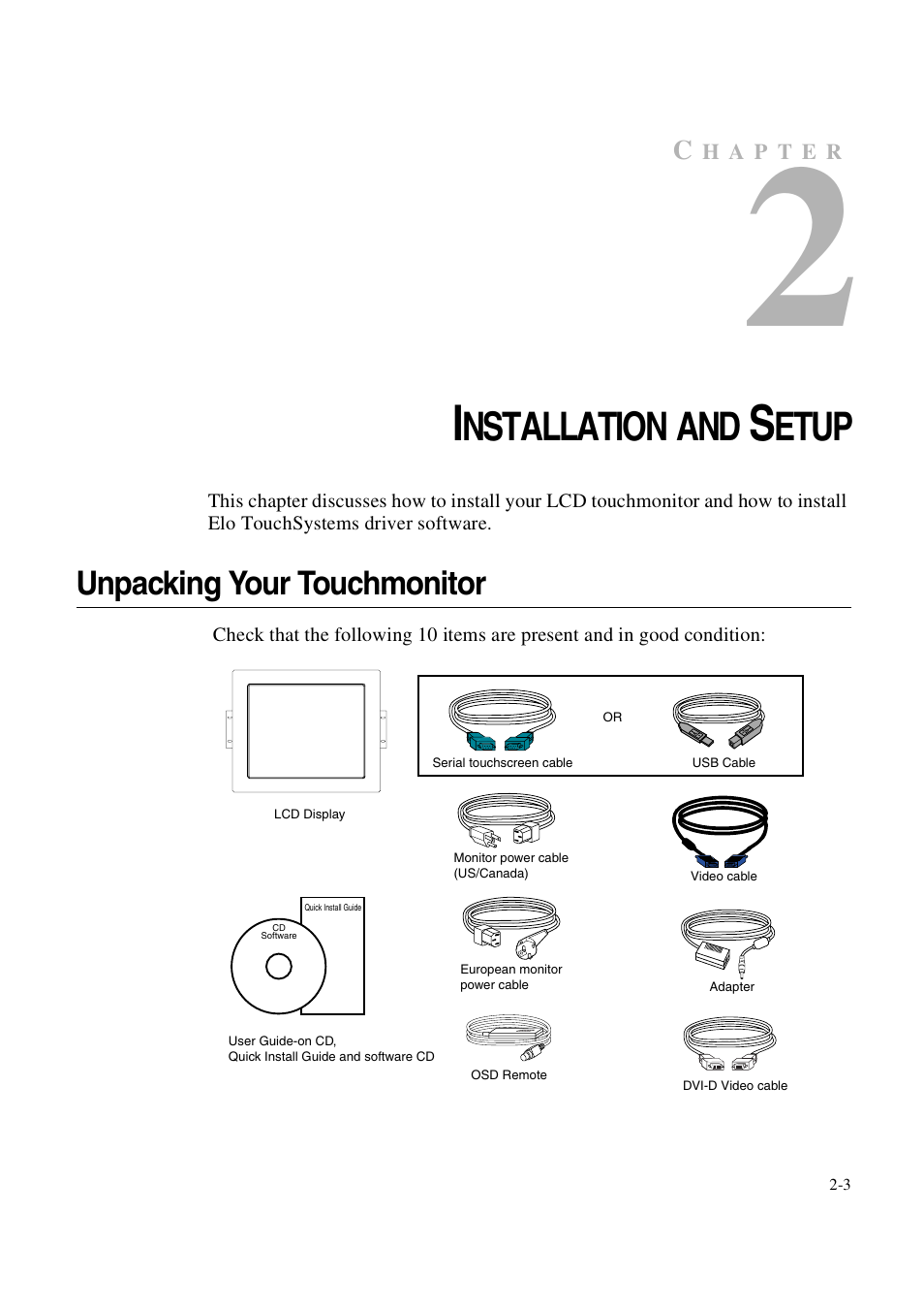 Nstallation and, Etup, Unpacking your touchmonitor | Tyco 1847L Series User Manual | Page 8 / 52