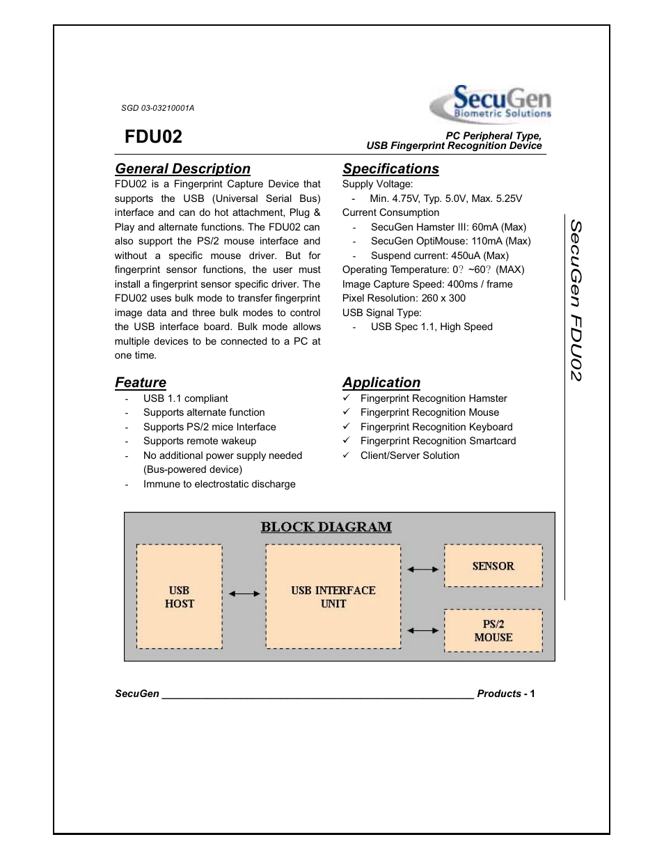 Fdu02, Secugen fdu0 2 general description, Feature | Specifications, Application | Tyco 1529L User Manual | Page 160 / 169