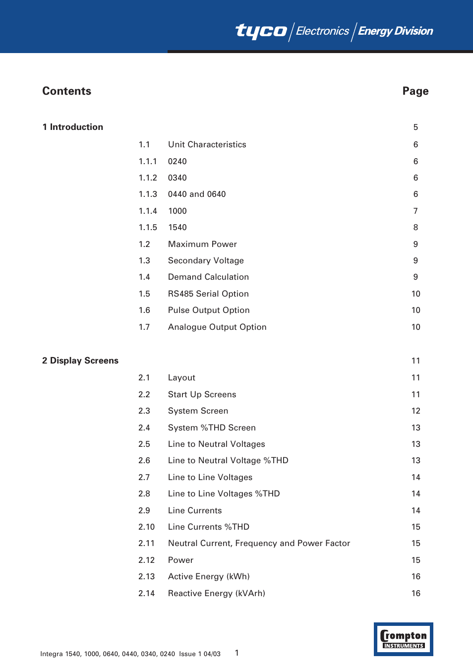 Contents page | Tyco 1540 User Manual | Page 3 / 69