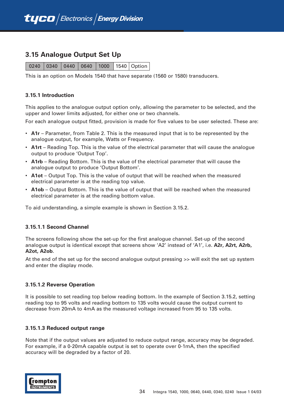 15 analogue output set up | Tyco 1540 User Manual | Page 36 / 69