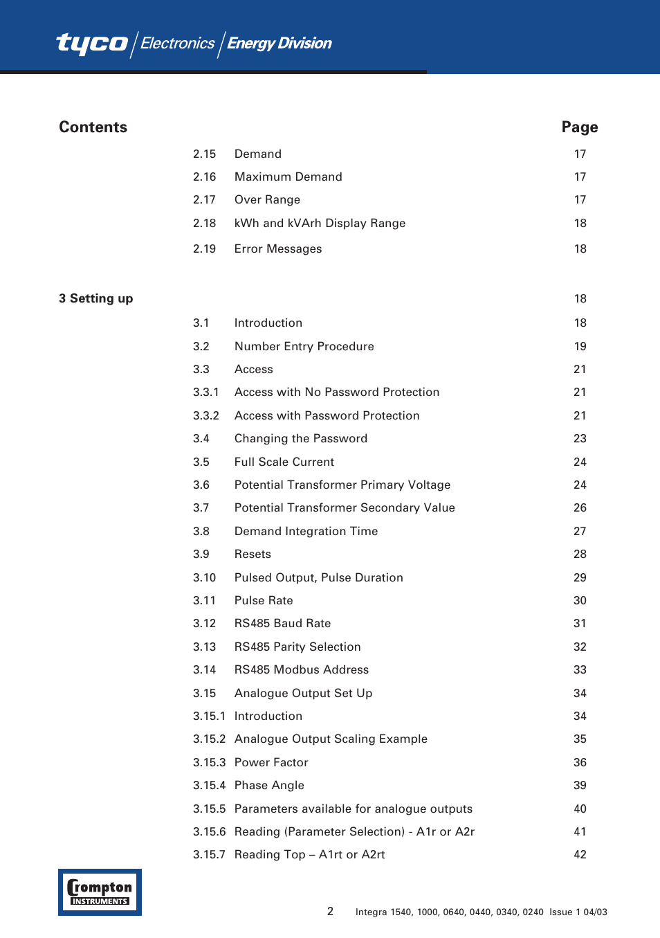 Contents page | Tyco 1540 User Manual | Page 4 / 69