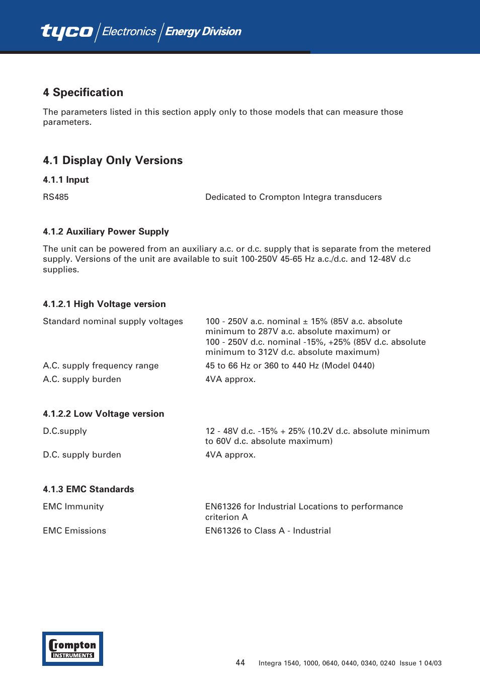 4 specification, 1 display only versions | Tyco 1540 User Manual | Page 46 / 69