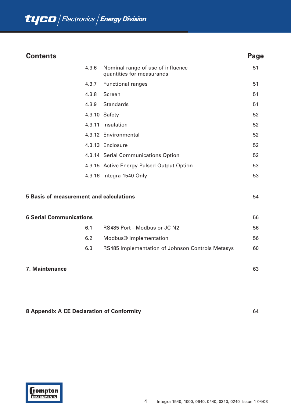 Contents page | Tyco 1540 User Manual | Page 6 / 69