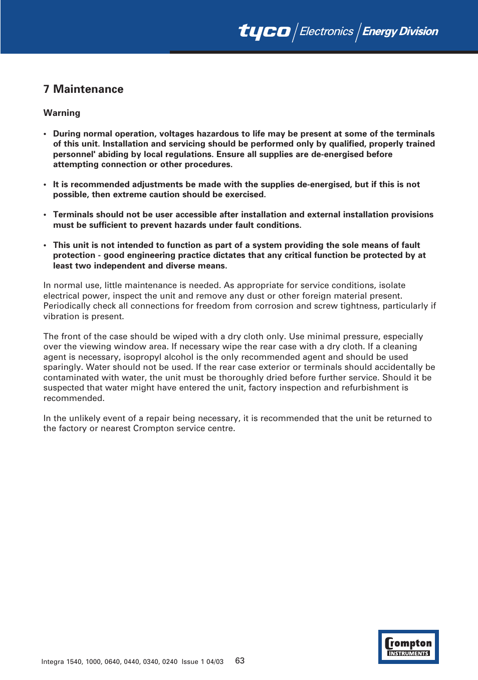 7 maintenance | Tyco 1540 User Manual | Page 65 / 69