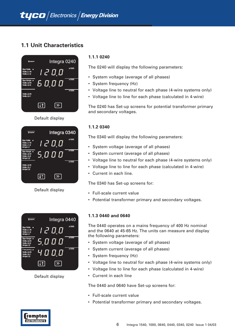 1 unit characteristics | Tyco 1540 User Manual | Page 8 / 69