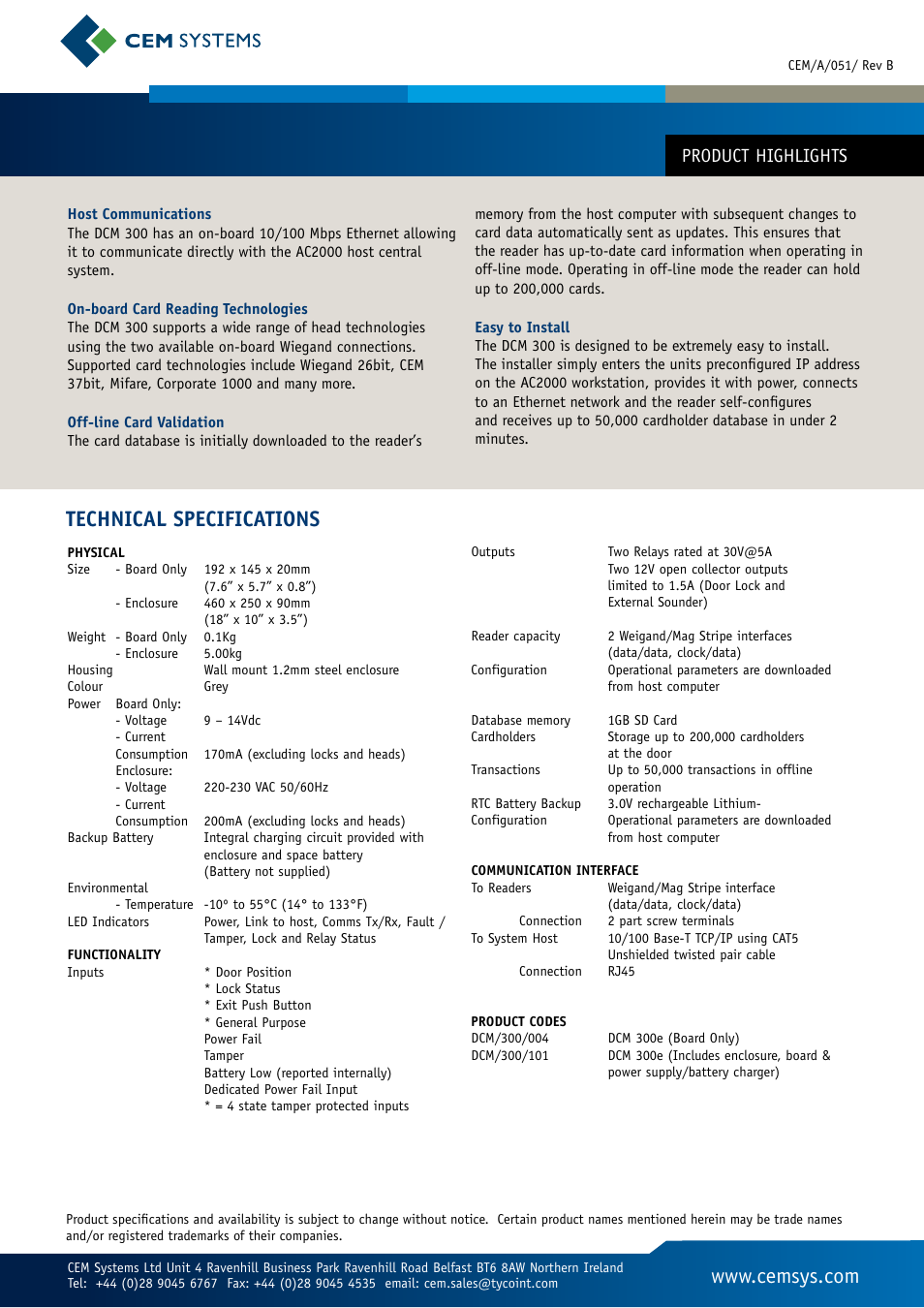 Technical specifications, Product highlights | Tyco Intelligent 2 Door Controller DCM 300 User Manual | Page 2 / 2
