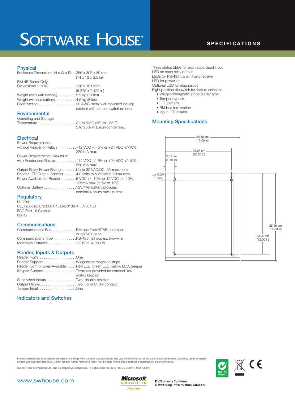 Physical, Environmental, Electrical | Regulatory, Communications, Reader, inputs & outputs, Indicators and switches, Mounting specifications | Tyco Software House RM-DCM-2 User Manual | Page 2 / 2