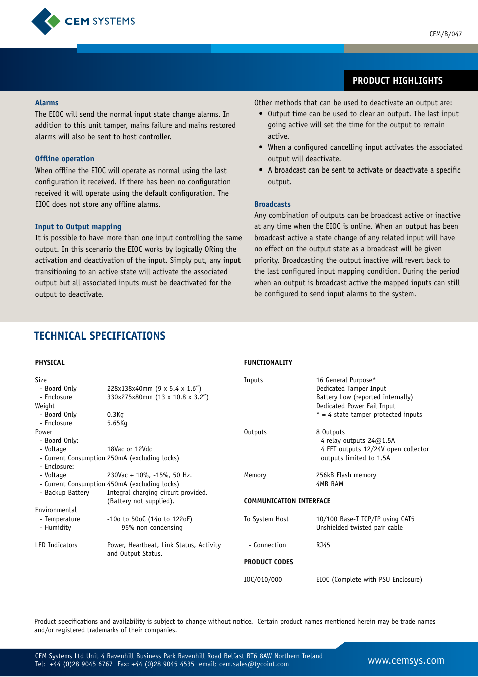 Technical specifications, Product highlights | Tyco Ethernet Input Output Controller EIOC User Manual | Page 2 / 2